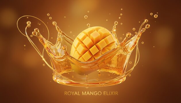 Mango elixir splash crown with diced fruit and bubbles.