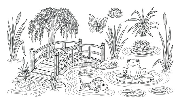 Peaceful pond scene with a wooden bridge, frog, fish, and willow tree for childrens coloring pages.