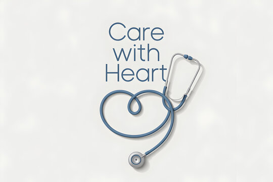 A stethoscope formed into a heart shape with the words 'Care with Heart' on a white background
