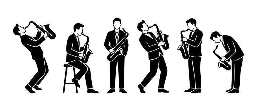 Saxophone player silhouette set, jazz musician characters in various poses playing wind instrument, isolated black icon collection for music performance design, vector illustration on white background