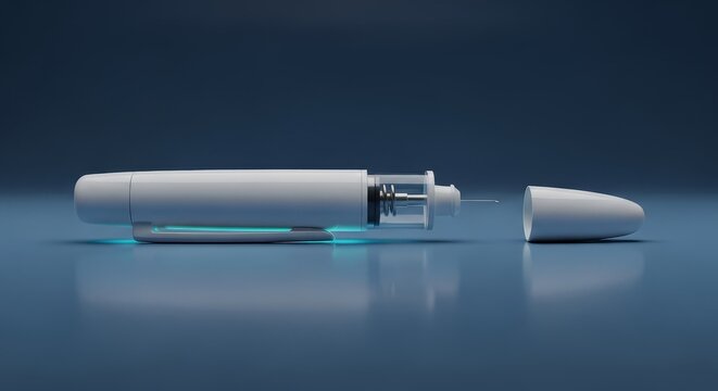 Auto injector pen 3D render, medical injection device visualization, sterile pharmaceutical injector pen system, ergonomic drug delivery pen design, clinical self injection device model