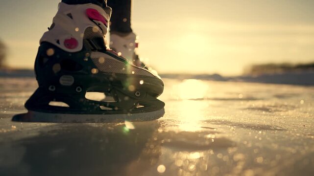 Skating on frozen lake at sunset skater in skate glides across ice in winter light with golden reflection on icy surface outdoor view of blade cutting ice while skating motion creates sparkle