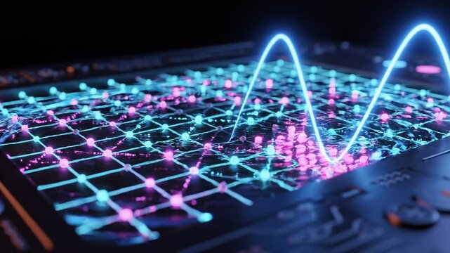 Neon quantum dot grid with glowing blue and pink lines on circuit board 4k video