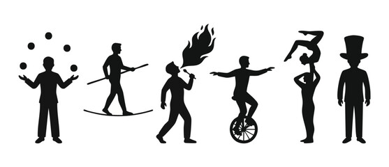 Circus performers silhouette set, juggling tightrope fire breather unicycle acrobat magician icons. Collection of carnival show artists vector illustrations on white background for entertainment event © Fernando