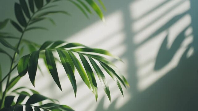 Cinematic Slow Motion Close-up of Tropical Indoor Plant Leaves Gently Swaying with Dappled Sunlight, Biophilic Interior
