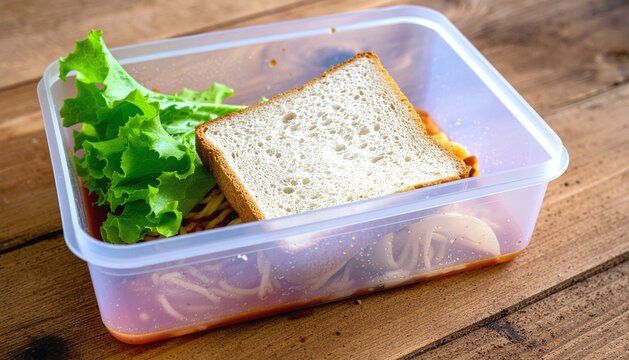 A close-up, realistic scene of a food container holding leftover scraps, highlighting fine details and textures.