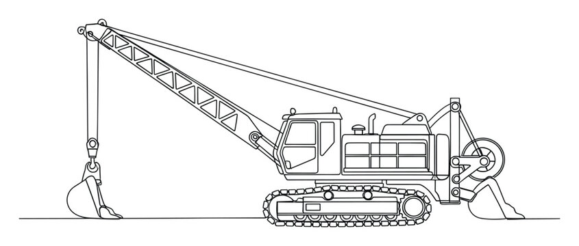 Detailed line drawing of a dragline excavator, ideal for construction engineering schematics and industrial equipment design