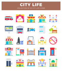 Fototapeta premium City Life Icons Collection with Shops and Public Places