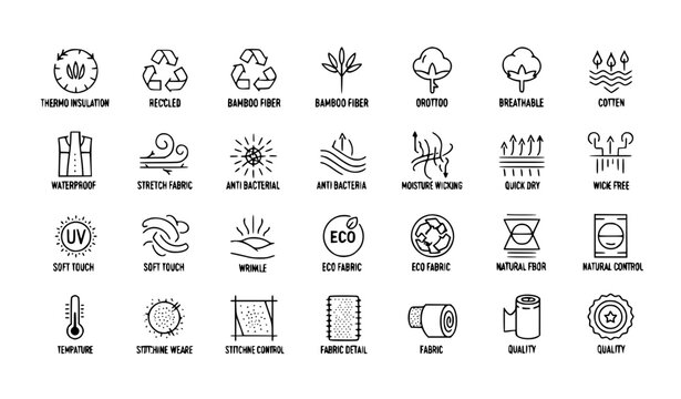 Fabric features line icon set with thermo recycled bamboo textile properties editable stroke vector collection