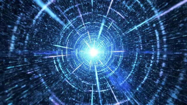 Blue light burst radiates in a starry space vortex, creating a dazzling, luminous tunnel effect