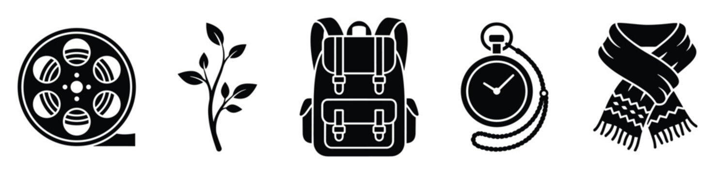 Film reel, plant sprout, travel backpack, pocket watch, and winter scarf glyph icons for diverse media use.