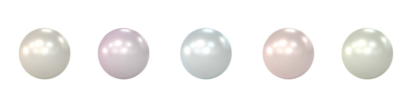 Close-up vector set of individual pearls in soft pastel shades. Beige, purple, blue, pink and green. Elegant bead spheres with glossy realistic shine. High-quality 3D render, isolated. 