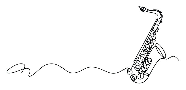 Continuous line drawing of a saxophone creating a flowing musical waveform perfect for music event promotions and abstract jazz themed branding