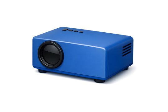 A 3D blue mini projector with a simple matte design, slightly rotated for a 3D effect.