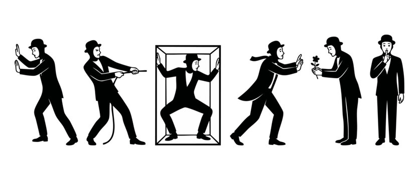 Mime artist character set, black and white flat vector illustration of a performer in bowler hat, performing classic pantomime acts, isolated on white background for design, theater, and entertainment