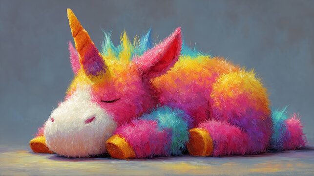 A colorful stuffed unicorn toy is peacefully sleeping on a gray surface