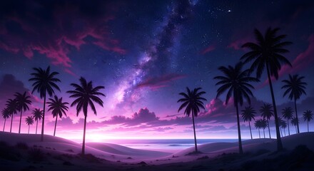 Obraz premium Dreamy tropical beach landscape at night with palm trees, purple and pink clouds, and a bright milky way galaxy stretching across the starry sky