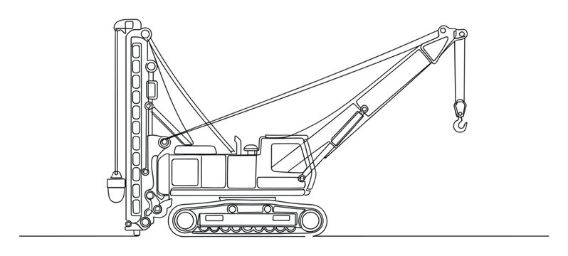 Line drawing of a heavy construction crawler crane with boom and piling rig attachment for engineering and building projects