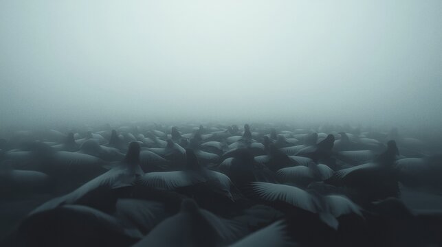 Mysterious Foggy Ocean Surface with Numerous Floating Dark Objects