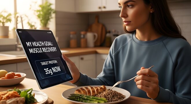 Woman in Kitchen Checking Health Goal on Tablet App for Muscle Recovery and Protein Intake Monitoring While Eating Healthy Meal with Grilled Chicken and Asparagus