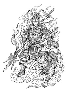 Erlang Shen tattoo with third eye, holding spear, accompanied by celestial dog, powerful stance, fine line shading, black and white illustration, white background