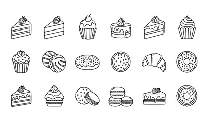Delicious Dessert and Bakery Line Art Icons Set – Hand Drawn Sweets Cakes Pastries Collection