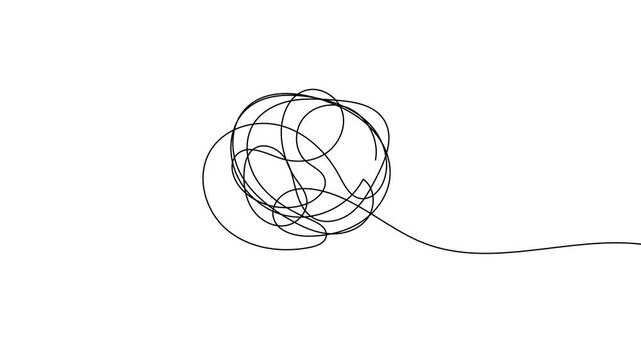 一本の黒い糸がぐちゃぐちゃに絡まった一筆書きのデザイン。不安や混乱、鬱や心配の表現。シンプルでおしゃれなドローイングアニメーション