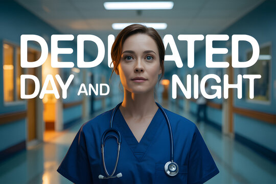 A dedicated nurse standing in a hospital corridor, wearing blue scrubs and a stethoscope around her neck.