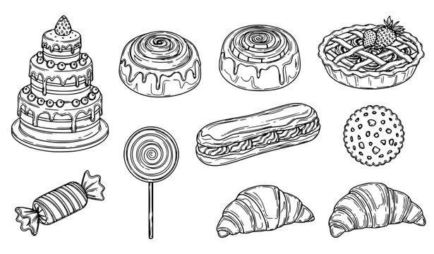 Sweet Desserts Line Icons Bundle &ndash; Hand Drawn Pastry and Cake Vector Illustration Set