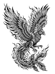 Fototapeta premium Vermilion Bird (Zhuque) tattoo with flames and spread wings, dynamic motion, detailed feathers, strong composition, black and white illustration, white background