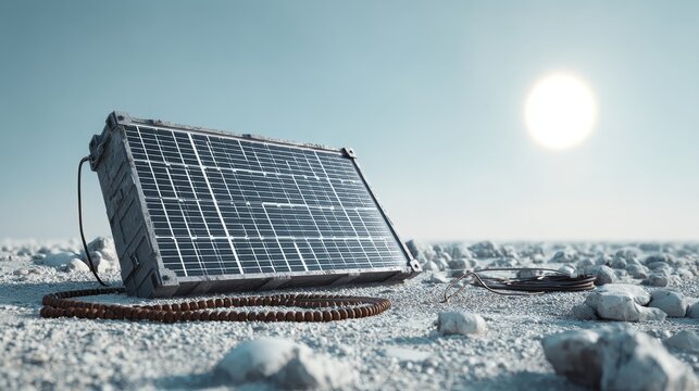 Portable solar compatible battery storage unit powered by the sun in an arid landscape