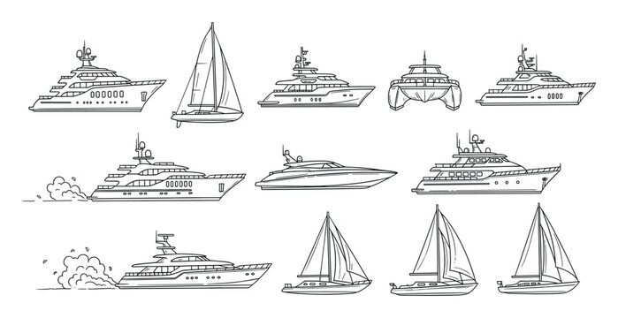 Collection of diverse boats including yachts, sailboats, and catamarans for marine leisure and travel designs