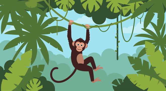 Monkey hanging from vine in dense tropical jungle canopy