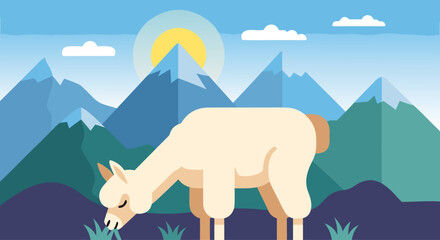 Fototapeta premium Llama grazing in alpine mountain landscape at sunrise