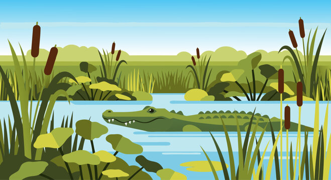 Crocodile resting among reeds in freshwater wetland