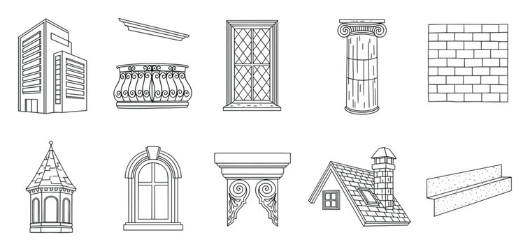 Line drawing set of diverse architectural building elements for construction design and urban planning resources