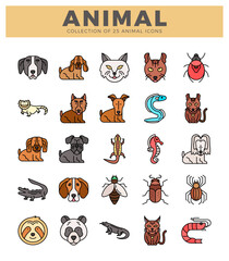 Fototapeta premium 25 flat animal icons in a white grid background. Various cartoon animals depicted in a clean. modern vector style.