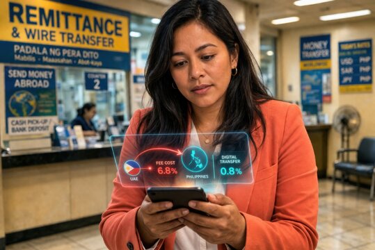 Filipino Overseas Worker Compares Wire Transfer Fees Versus Digital Remittance Costs on Holographic Smartphone