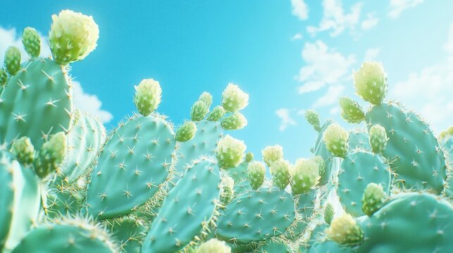 Prickly pear cactus with yellow flowers and buds against a vibrant blue sky with scattered clouds.