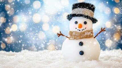 Fototapeta premium A Charming Snowman with Carrot Nose and Festive Hat in a Snowy Winter Landscape, Perfect for Holiday Greetings