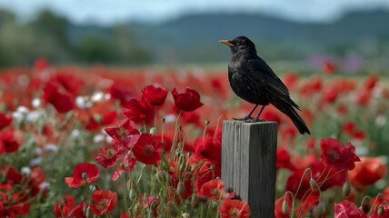 Naklejka premium Blackbird perches atop a weathered post