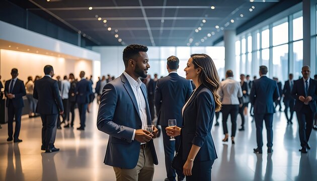 A man and woman in business attire talking at a conference