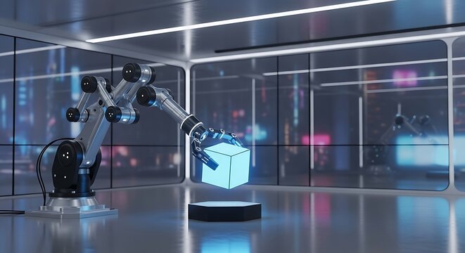 Robotic arm manipulating a glowing cube in a modern technological environment