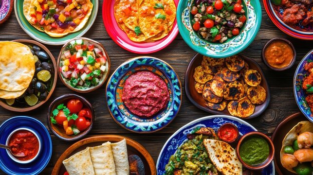 A vibrant spread of traditional Spanish tapas dishes and colorful plates on a wooden table, perfect for sharing and enjoyment