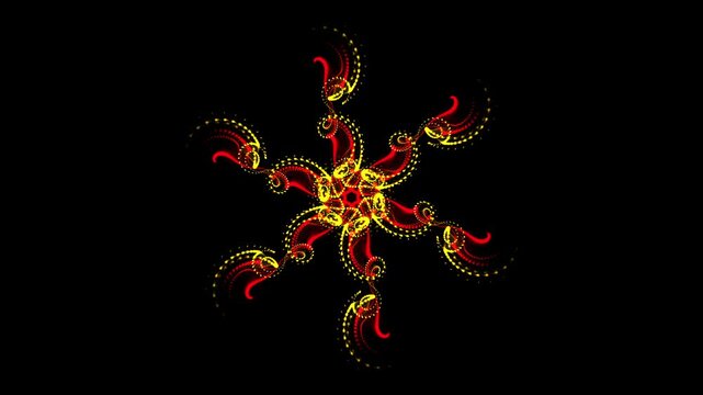Vibrant red and gold particles swirl in symmetrical motion