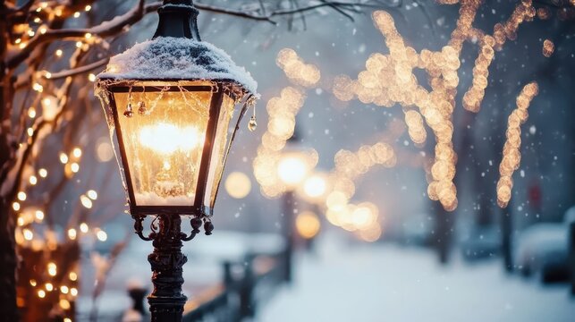 A snow-covered vintage lantern illuminates a festive winter evening park with twinkling holiday lights