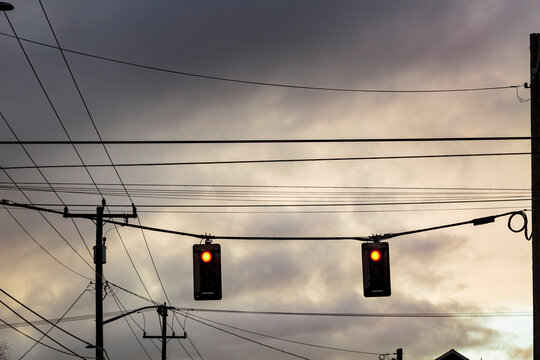 Red stoplight from a low angle view, Seattle, WA USA