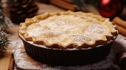 Golden baked pie dusted with sugar cooling on a rustic kitchen surface, ready for a cozy holiday meal.