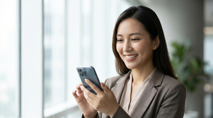 Obraz premium Professional young asian businesswoman wearing formal attire smiling while looking at her modern smartphone screen to read some positive messages during a busy workday at office