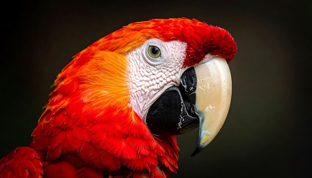 A vibrant red parrot with a large beak and white face